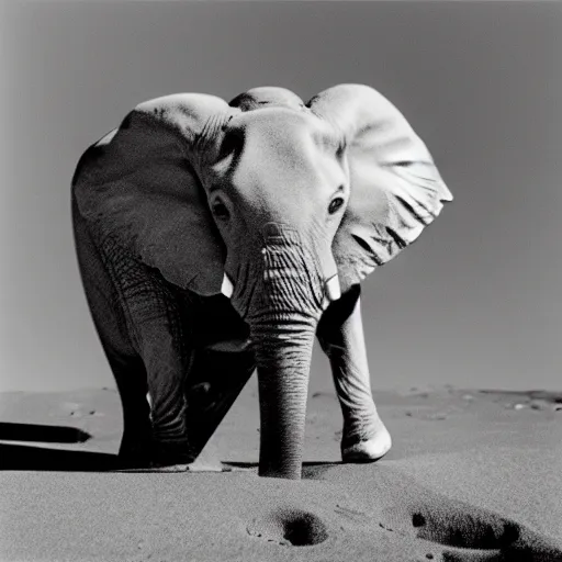 Image similar to extremely detailed black and white polaroid picture by john l. gaunt of a little elephant standing on the moon's surface