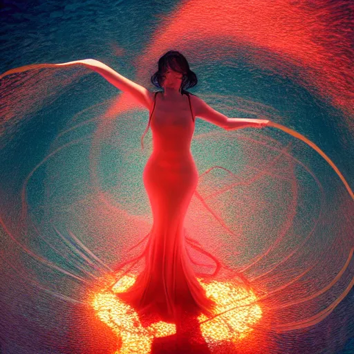 Prompt: woman dancing underwater wearing a long flowing dress made of yellow and red wire, coral sea bottom, swirling schools of silver fish, swirling smoke shapes, octane render, caustics lighting from above, cinematic, hyperdetailed