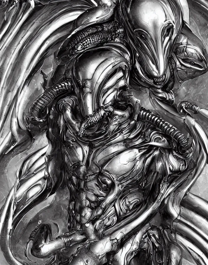 Image similar to engineer prometheus face by Artgerm, xenomorph alien, highly detailed, symmetrical long head, smooth marble surfaces, detailed ink illustration, raiden metal gear, cinematic smooth stone, deep aesthetic, concept art, post process, 4k, carved marble texture and silk cloth, latex skin, highly ornate intricate details, prometheus, evil, moody lighting, hr geiger, hayao miyazaki, indsutrial Steampunk