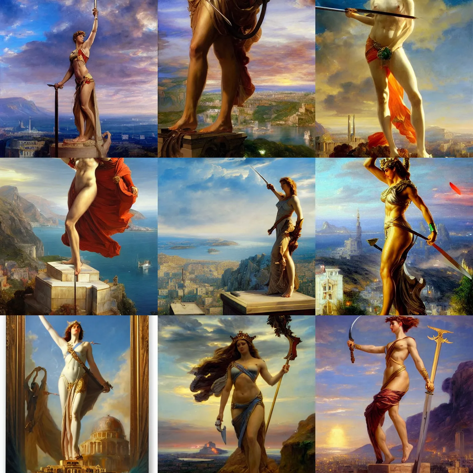 Prompt: low point of view of greek titan goddess themis towering over city, holding scale and holding sword, distant view, by vladimir volegov and alexander averin and delphin enjolras and daniel f. gerhartz