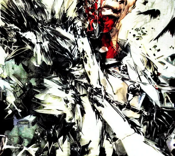 Image similar to a chicken with a crazy look, art by yoji shinkawa,