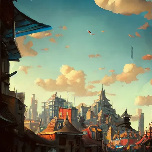 Prompt: a city market and the blue sky with clouds in the distance, in the style of peter mohrbacher