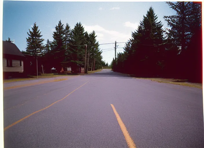 Image similar to A disposable camera picture of an empty street in a small rural Canadian suburb, Kodak Fling 200, 1983