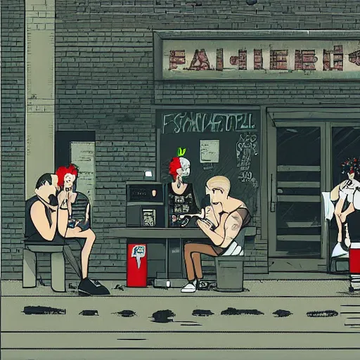 Prompt: “ group of goth punks smoking cigarettes sitting on car at an abandoned 7 - eleven convenience store, apocalyptic, photorealism, cel shading ”