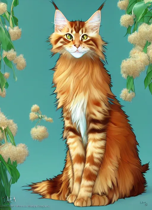 Image similar to pretty ginger maine coon cat fluffy, head down, demure, shy, path traced, highly detailed, high quality, digital painting, by studio ghibli and alphonse mucha, leesha hannigan, disney