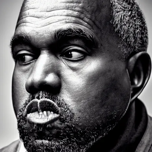 Image similar to the face of old kanye west at 6 4 years old, portrait by julia cameron, chiaroscuro lighting, shallow depth of field, 8 0 mm, f 1. 8