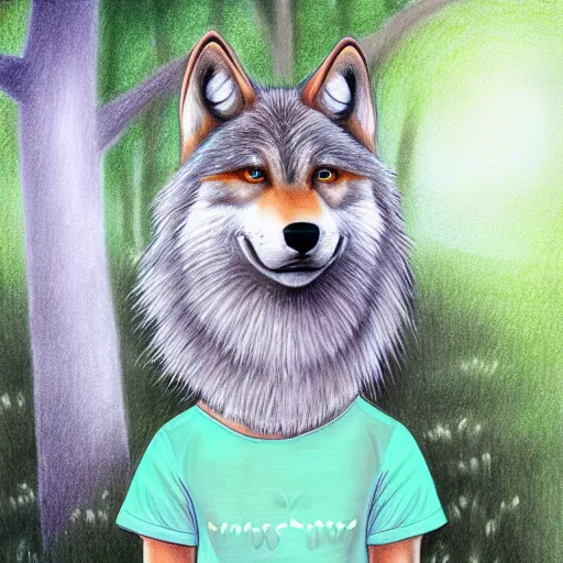 Prompt: Beautiful portrait drawing of an anthro anthropomorphic mint-wolf, wearing a cute pastel t-shirt, in Summer, at a forest. digital art