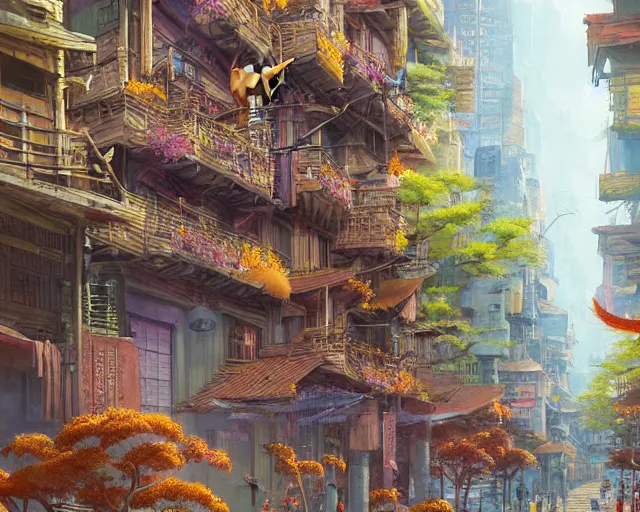 Prompt: street-level view of a great, colorful kitsune city, bamboo, flowers, anime, fox people, a fantasy digital painting by Greg Rutkowski and James Gurney, trending on Artstation, highly detailed