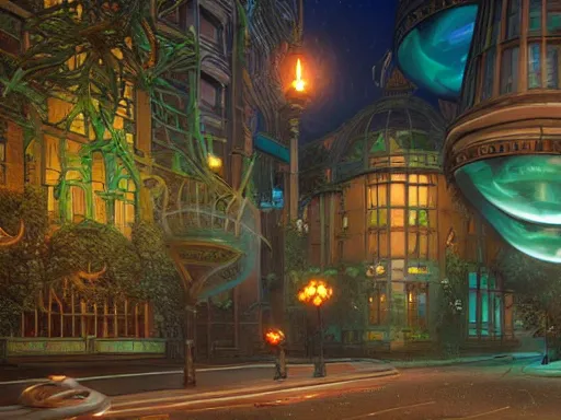 Prompt: an art nouveau underwater streetcorner environment, glass domes, glass panes, glowing lights, fronds, branches, dramatic lighting, 3 - d render, photorealism, unreal engine, art by michael whelan and chris moore and howard david johnson and tim white and dan giancola