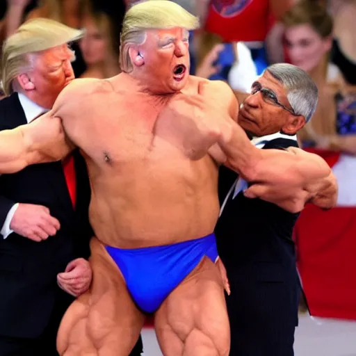 Image similar to an extremely buff Donald Trump wrestling a weak Anthony Fauci