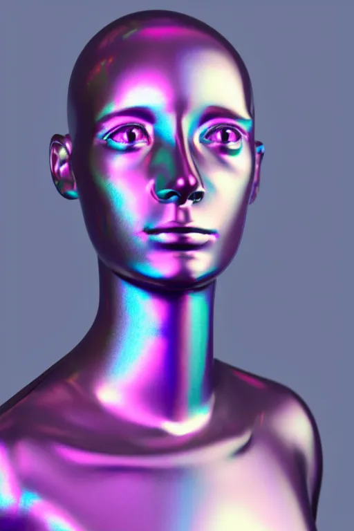 Image similar to 3d render of holographic human robotic bust made of glossy iridescent, bust, surrealistic 3d illustration of a human non-binary, non binary model, 3d model human, cryengine, made of holographic texture, holographic material, holographic rainbow, concept of cyborg and artificial intelligence