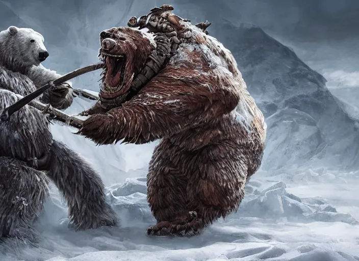 Image similar to a monster polar bear fighting a warrior monk in the snow, fantasy concept art, hyperdetailed and intricate, chaotic and brutal, 8 k render