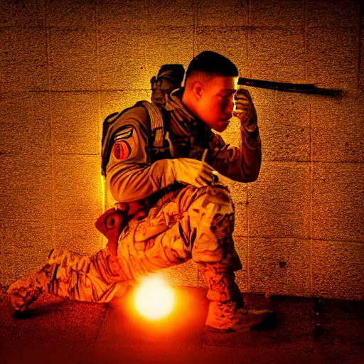 Image similar to A soldier in a combat exoskeleton slumped against a wall watching the sunset while smoking a cigarette as a nuke explodes in the background, 50mm lens, Pulitzer Prize Winner 2028, shot on a DSLR,