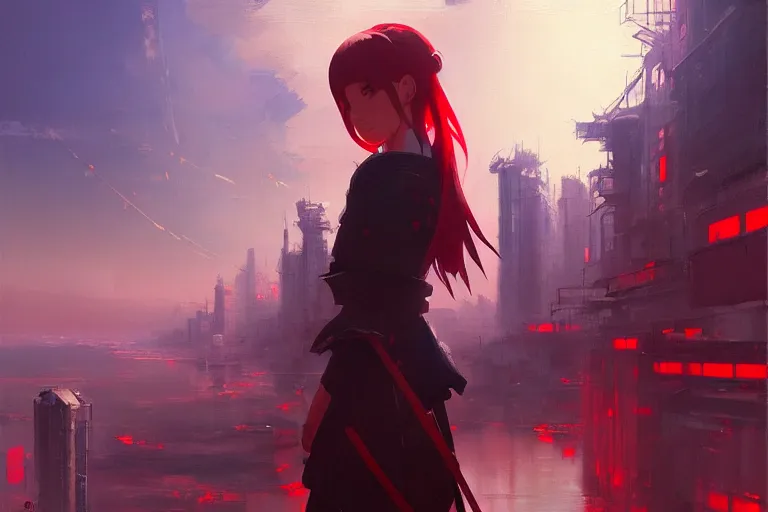 Image similar to baroque oil painting of anime key visual concept art of a samurai girl, red futuristic concrete cityscapes, trending on artstation, palette knife and brush strokes, oil on canvas, style of makoto shinkai greg rutkowski studio ghibli