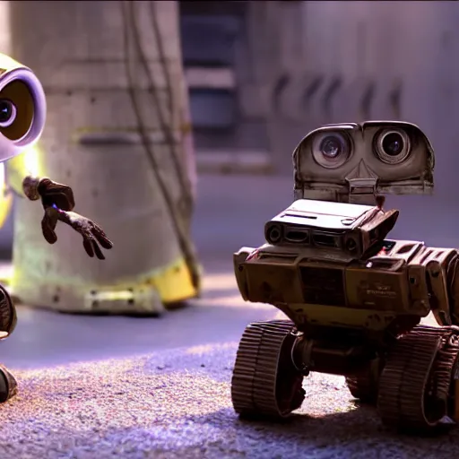 Image similar to wall - e putting mark zuckerberg in his trash compactor. cinematic 8 k, depth of field, bokeh.