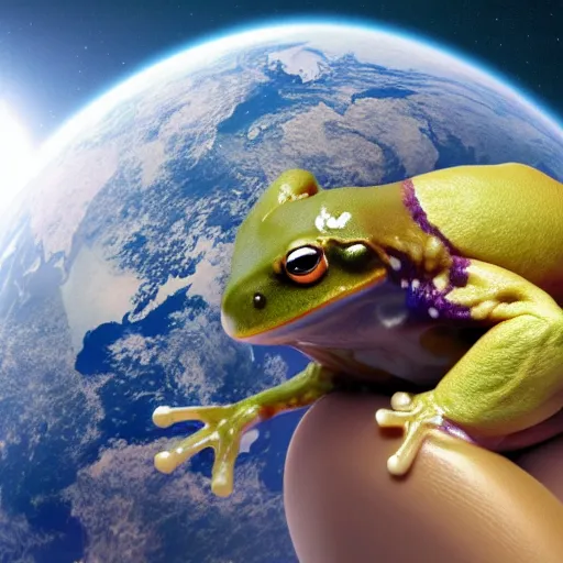 Image similar to a muscular frog holding planet earth over its head, octane render, cinematic rendering, 8 k, octane, digital art