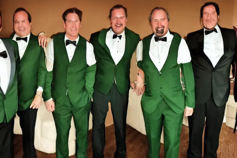 Prompt: 5 handsome middle-aged men dressed in tuxedos standing in a green room