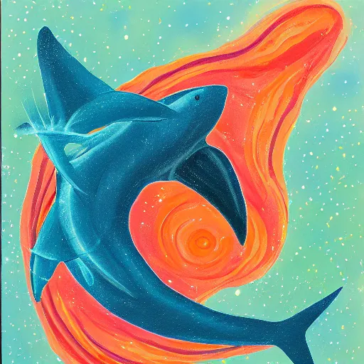 Prompt: gouache painting of a nurse shark flying through a swirling, luminous nebula, elegant