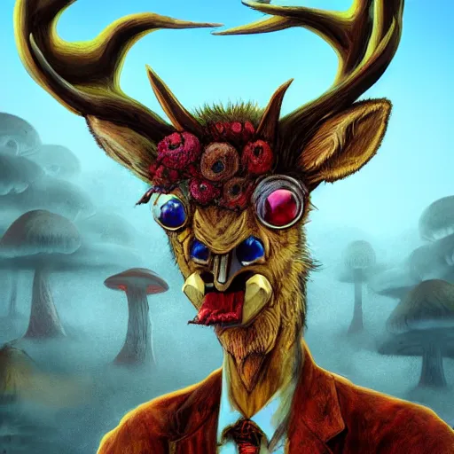 Image similar to 4 k headshot portrait of a psychedelic demonic anthropomorphic deer - horned wendigo smoking a hand - rolled cigarette smoking heavily, magic mushroom village in background. award winning. superb resolution. in the art style of junji ito and greg rutkowski. detailed mushroom city in background. hyper realistic anime. perfect art. dalle 2