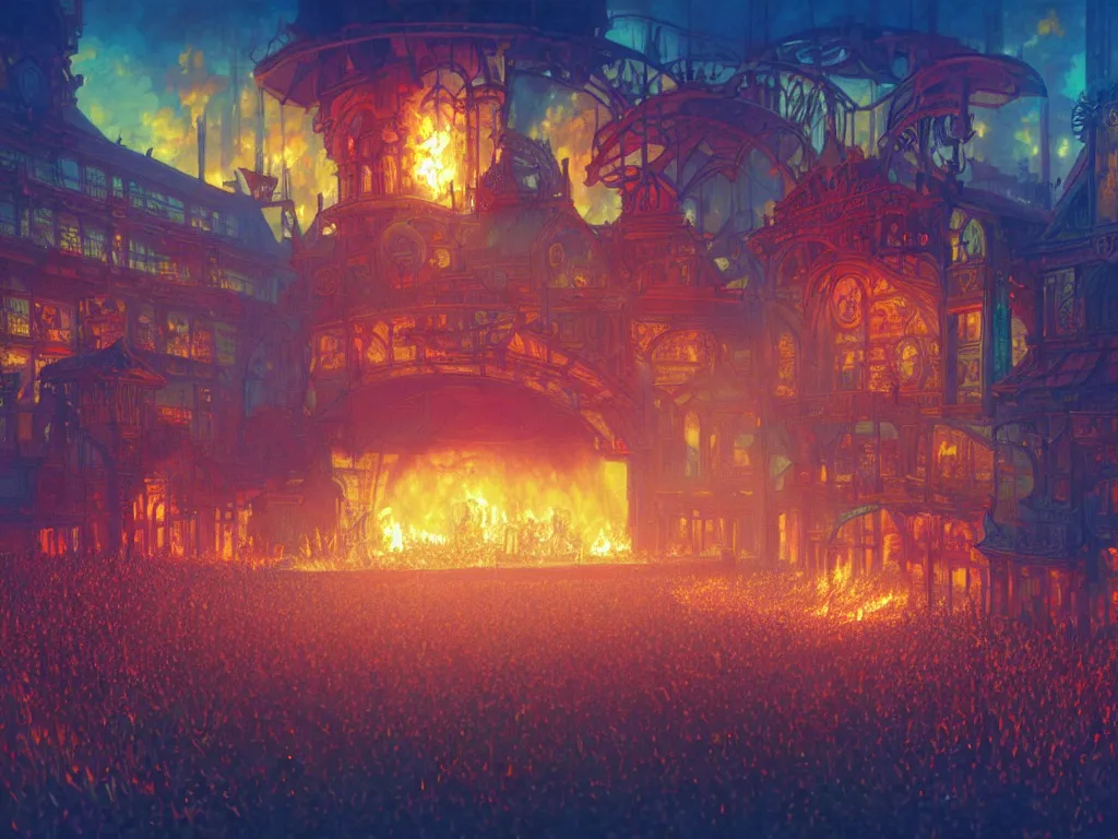 Image similar to a brightly lit stage centered and on fire, high contrast, stage lighting, pyrotechnics, ghibli animated film, volumetric lighting, octane render by stanley artgerm lau, greg rutkowski, thomas kindkade, alphonse mucha, loish, norman rockwel,