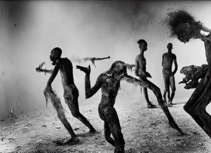 Prompt: 3 5 mm still from film by roger ballen, surreal dance scene of ritual in a picturesque outdoors setting, ashes, new guinea mud man, smoke, close - up of the actors faces, sharp, medium format 6 x 6, 1 6 k