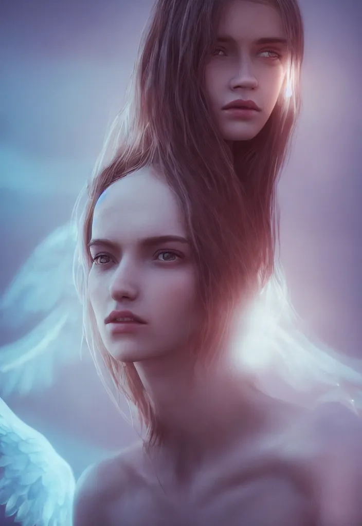 Image similar to portrait art of female angel by alessio albi 8 k ultra realistic, angel wings, lens flare, atmosphere, glow, detailed, intricate, full of colour, cinematic lighting, trending on artstation, 4 k, hyperrealistic, focused, extreme details, unreal engine 5, cinematic, masterpiece