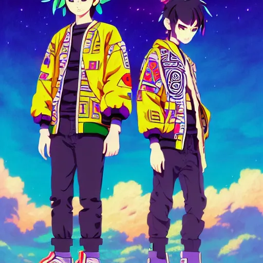 Image similar to majora majora's mask wearing oversized mayan bomber jacket with overalls, bulky poofy bomber jacket with mayan patterns, aztec street fashion, genshin impact art style, gapmoe yandere grimdark, trending on pixiv fanbox, painted by greg rutkowski makoto shinkai takashi takeuchi studio ghibli, akihiko yoshida