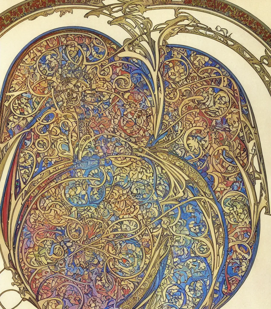 Image similar to colourful detailed ornamental abstract art nouveau circular arch, circle, art by alphonse mucha and walter crane and louis sullivan and william morris