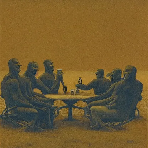 Image similar to a group of men having a beer by artist zdzisław beksinski