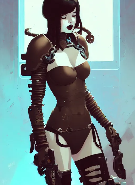 Image similar to portrait of cute goth girl in cyber bikini armor, warhammer, cyberpunk, by atey ghailan, by greg rutkowski, by greg tocchini, by james gilleard, by joe fenton, by kaethe butcher, by gustav klimt, dynamic lighting, gradient light blue, brown, blonde cream and white color in scheme, grunge aesthetic
