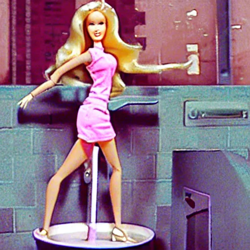 Image similar to cctv footage of 6 ft tall barbie fighting american soldiers in the sewers in the style of movie poster