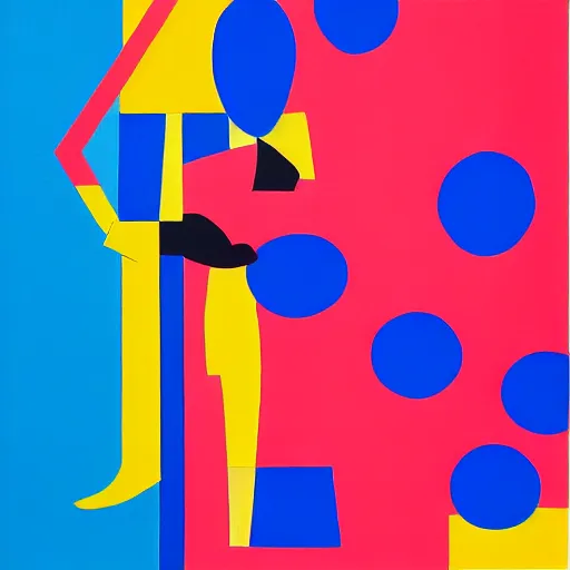 Prompt: A painting of person standing next to a window, abstract painting in the style of Sophie Taeuber-Arp and Gary Hume and Tatsuro Kiuchi, flat colour-block style, geometric abstraction, deep colours