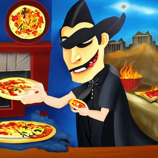 Image similar to time lapse painting of dracula cooking pizza