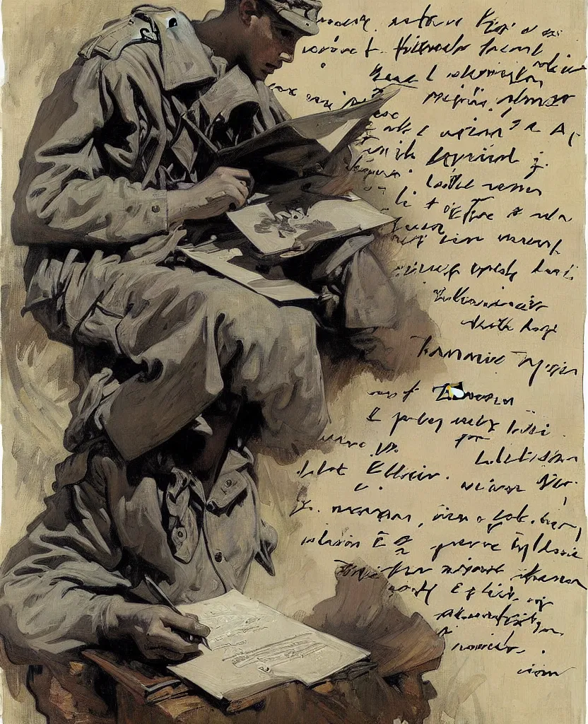 Prompt: a painting of lots of words in a hand written letter by a soldier in el alamein battle, wwii, black and white, jeremy mann, alphonse mucha