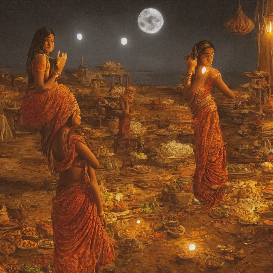 Prompt: young indian woman standing in a spice market at night by the ocean with the moon above, masterful intricate artwork, high detail 8 k