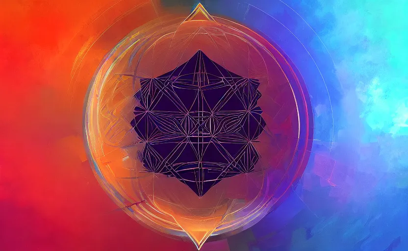 Image similar to a painting of a sacred geometry trending on artstation in the style of greg rutkowski, 3 d, fractal, 4 d, endless, rainbow, geometric tesseract, symmetry, wallpaper, sacred