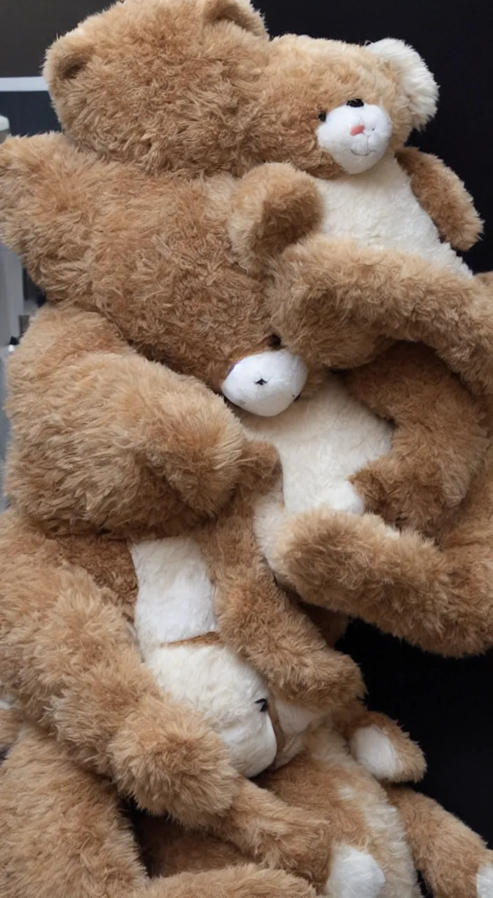 Prompt: teddy bear hugging a plush cat