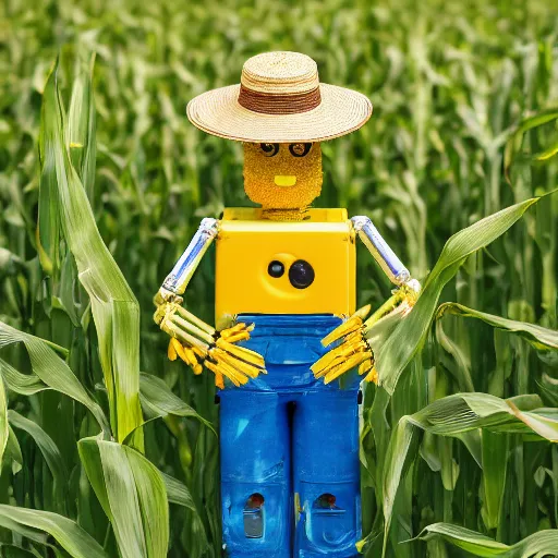 Image similar to a photo of a yellow farming robot wearing a straw hat and blue overalls in the corn field, robots, humanoid, chappie, farming, photorealistic, 8 k