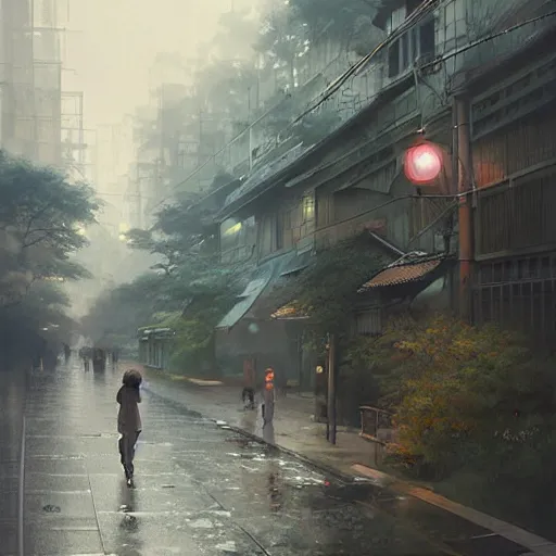 Image similar to walking from naka - meguro, tokyo. volumetric lighting, spring afternoon, overcast weather, realistic illustration, perfectly shaded, soft painting, art by krenz cushart and wenjun lin