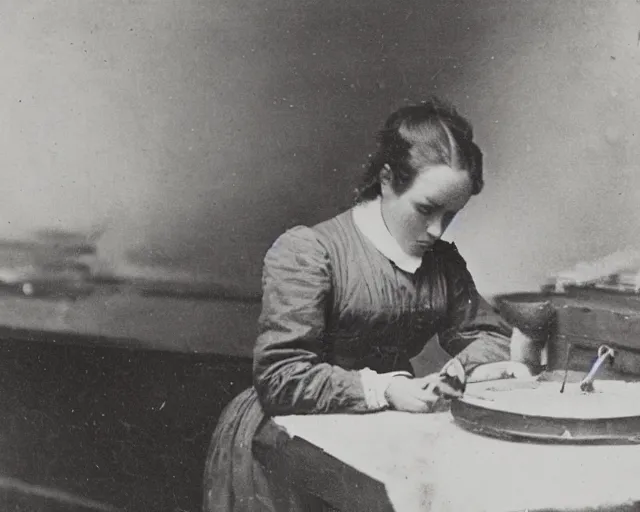 Image similar to an early 1800s photo of someone sitting at a computer making a donut in blender3d