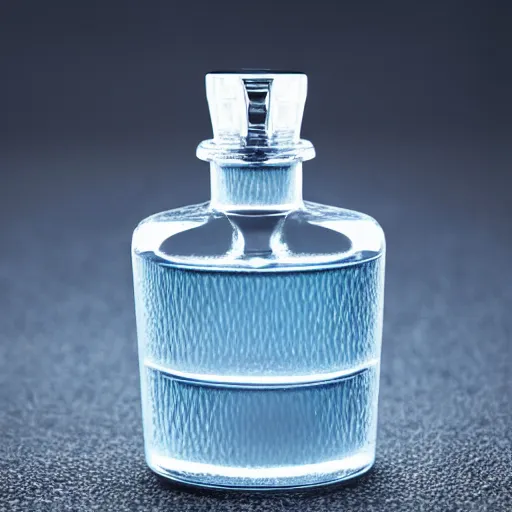 Prompt: perfume bottle centered in cool blue ripples in water