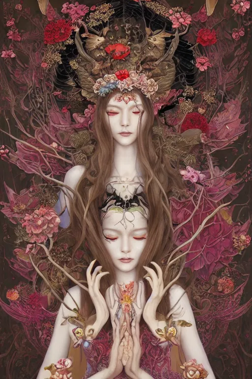 Image similar to breathtaking detailed concept art painting of the goddess of death moth, orthodox saint, with anxious, piercing eyes, ornate background, amalgamation of leaves and flowers, by Hsiao-Ron Cheng, James jean, Miho Hirano, Hayao Miyazaki, extremely moody lighting, 8K