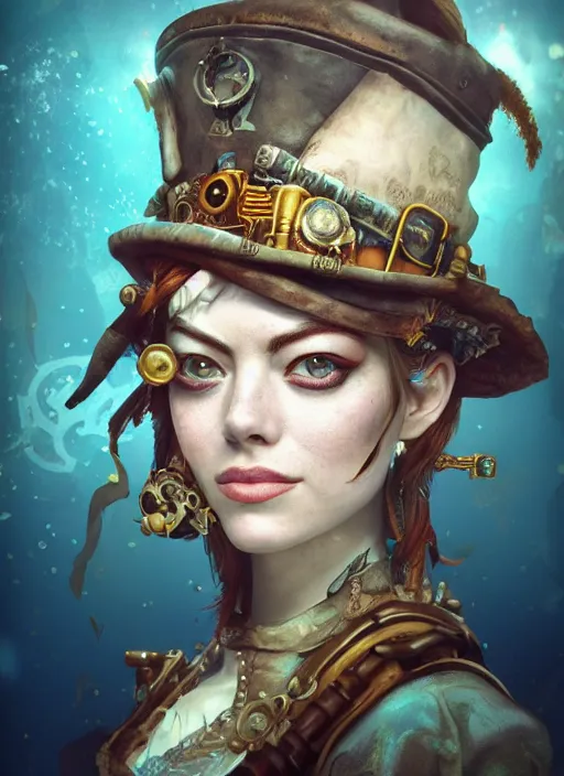 Image similar to underwater steampunk pirate portrait of emma stone, hyper detailed, digital art, trending in artstation, cinematic lighting, studio quality, smooth render, unreal engine 5 rendered, octane rendered, art style by klimt and nixeu and ian sprigger and wlop and krenz cushart.