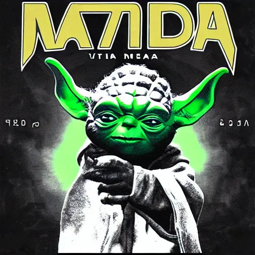 Image similar to Yoda playing guitar on a heavy metal album cover, 4k