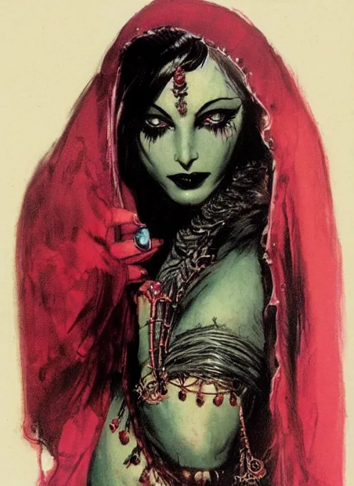 Image similar to female indian vampiress, jeweled veil, heavy mascara, strong line, saturated color, beautiful! coherent! by frank frazetta, high contrast, minimalism