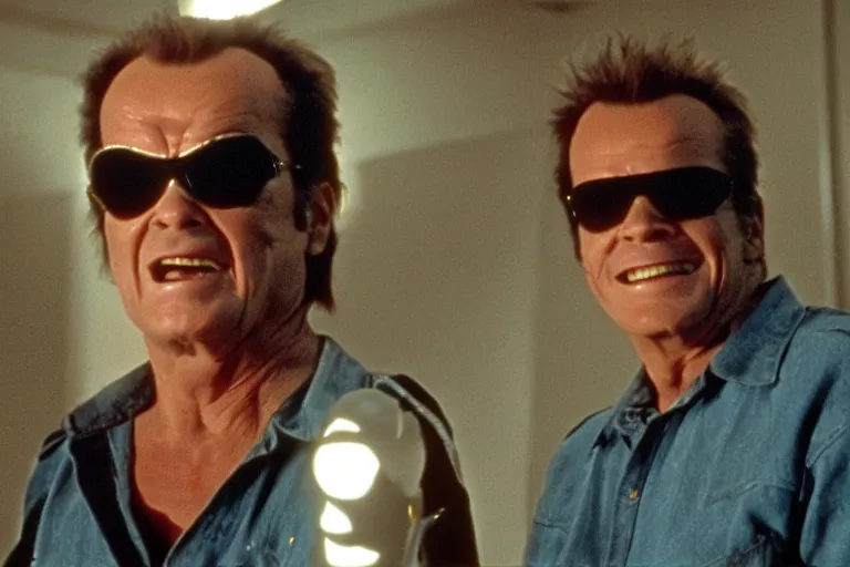 Image similar to Jack Nicholson plays Terminator Pikachu scene where his endoskeleton gets exposed still from the film