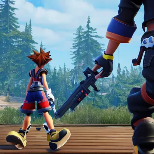 Image similar to Kingdom Hearts 3 as a First Person Shooter game with a HUD, Fallout 4 inspired screenshot of kingdom hearts 3, unreal engine 4, stunning visuals with rtx on, trending on artstation, Disney Square Enix and Fortnite Crossover