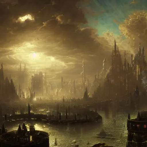 Image similar to enormous flying city in a faberge egg, sky, steampunk, fantasy art, masterpiece, hugh ferriss, unreal engine, peder balke, andreas achenbach cloudy background