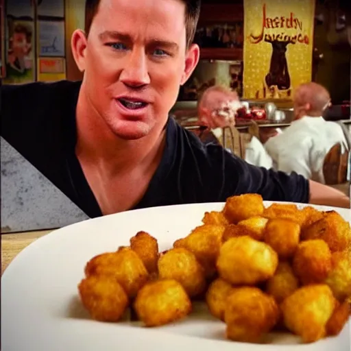 Image similar to food photo of channing tatum's face as tater tot on a plate with ketchup