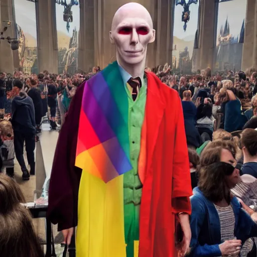 Prompt: harry potter hugging voldemort pride flag in background